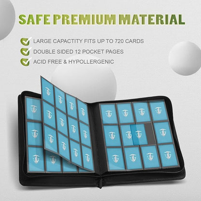 12 Pockets Trading Card Zipper Binder for 720 Cards| Secure Side Loading Pockets | Trading Card Album Folder | Compatible with YuGiOh, MTG(Black 12)