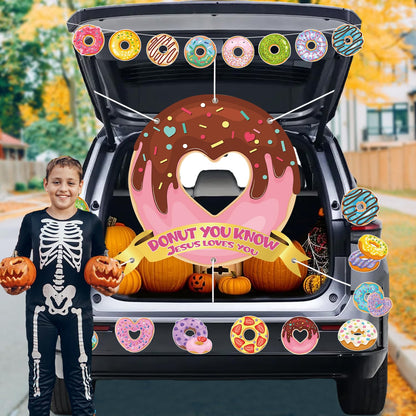 Halloween Donut Trunk or Treat Car Decorations Kit, Donut You Know Jesus Loves You Backdrop Donut Banner Stickers for Car Garage Door Decoration Halloween Party Decorations