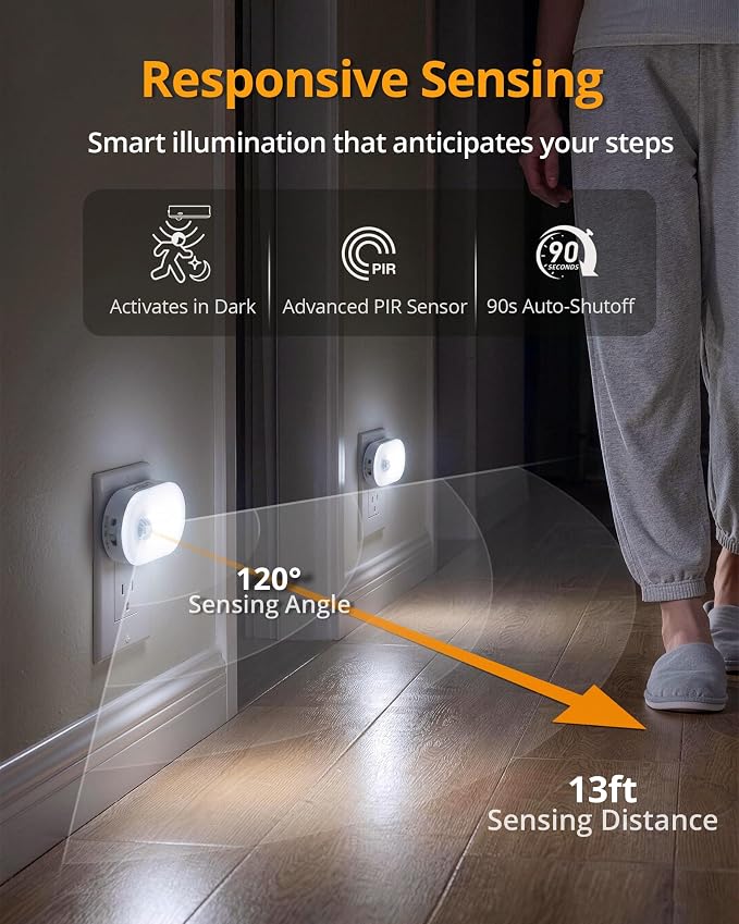 Lyridz 120LM Ultra Bright Plug-in Motion Sensor Night Light, Stepless Dimmable LED Nightlight, Always-On and Auto-Off, for Hallway, Stairs, Bathroom, Bedroom, Garage, Cool White (6-Pack)