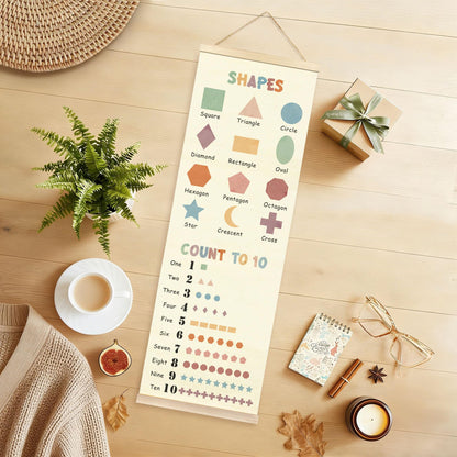 TAEDIN Boho Classroom Wall Art Poster Hanger Frame, Kids Room Wall Art with Wood Frames, Shapes Number 1 to 10 Educational Hanging Decor for Kids Boys Girls Toddler Room Bedroom Playroom, 12x35 Inches