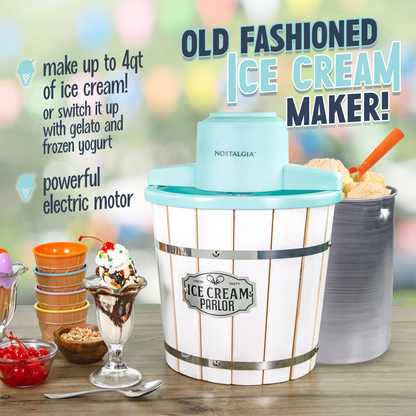 Nostalgia Electric Ice Cream Maker - Old Fashioned Soft Serve Ice Cream Machine Makes Frozen Yogurt or Gelato in Minutes - Fun Kitchen Appliance - Vintage Wooden Style - Light Wood - 4 Quart