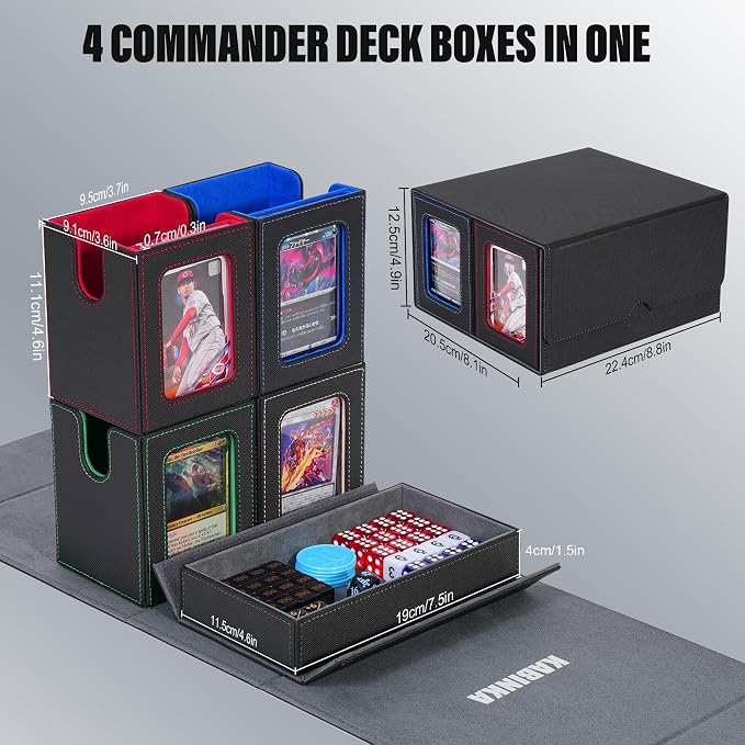 Kabinka Card Deck Box for MTG Commander, Holds 400+ Double-Sleeved Cards, 5 IN 1 Detachable Card Case with Dice Tray, Fits Magic/TCG Cards, 4 Magnetic Card Holders & Dividers (Colorful)