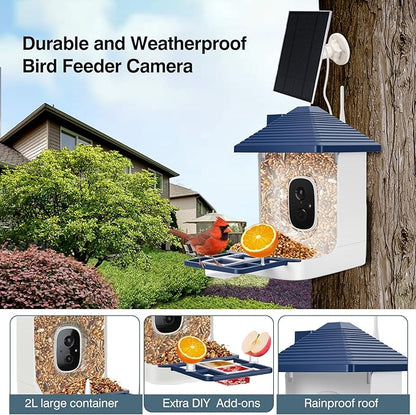 Smart Bird Feeder with Camera,AI Identify Species,Bird House with Solar Powered,Instant Arrival Alerts,2K HD Capture Video Live View,Gift for Birds Lover (Indigo Blue)