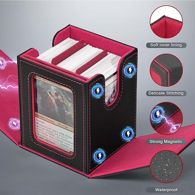 ZLCA MTG Deck Box with Commander Window Display, Trading Card Storage Box Holds 100 Double-Sleeved Cards Suitable for TCG/CCG/PTCG/EDH/Magic/Sport Cards (Black&Red)