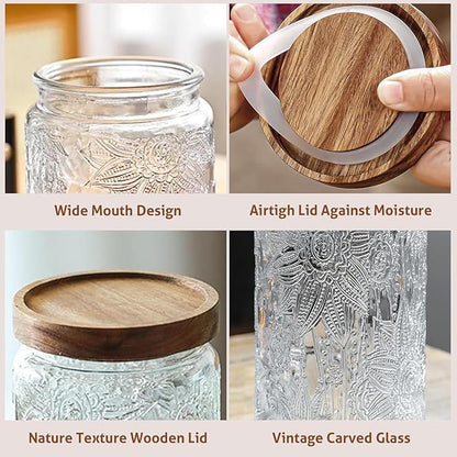 34 OZ Airtight Glass Storage Jar with Bamboo Lid - Vintage Glass Jar Vintage Food Containers Canisters Set for Kitchen Counter & Pantry - Ideal for Sugar, Flour, Coffee, Tea, Candy, Oats -2 Pack