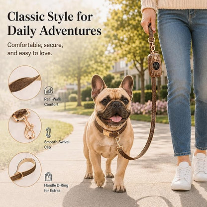 Herringbone Tweed Dog Collar and Leash Set for Medium Dogs, Grey-Brown | Snag-free, no-rub design. Soft breathable cotton, gentle on fur. Adjustable durable matching combo for walks & outdoors.