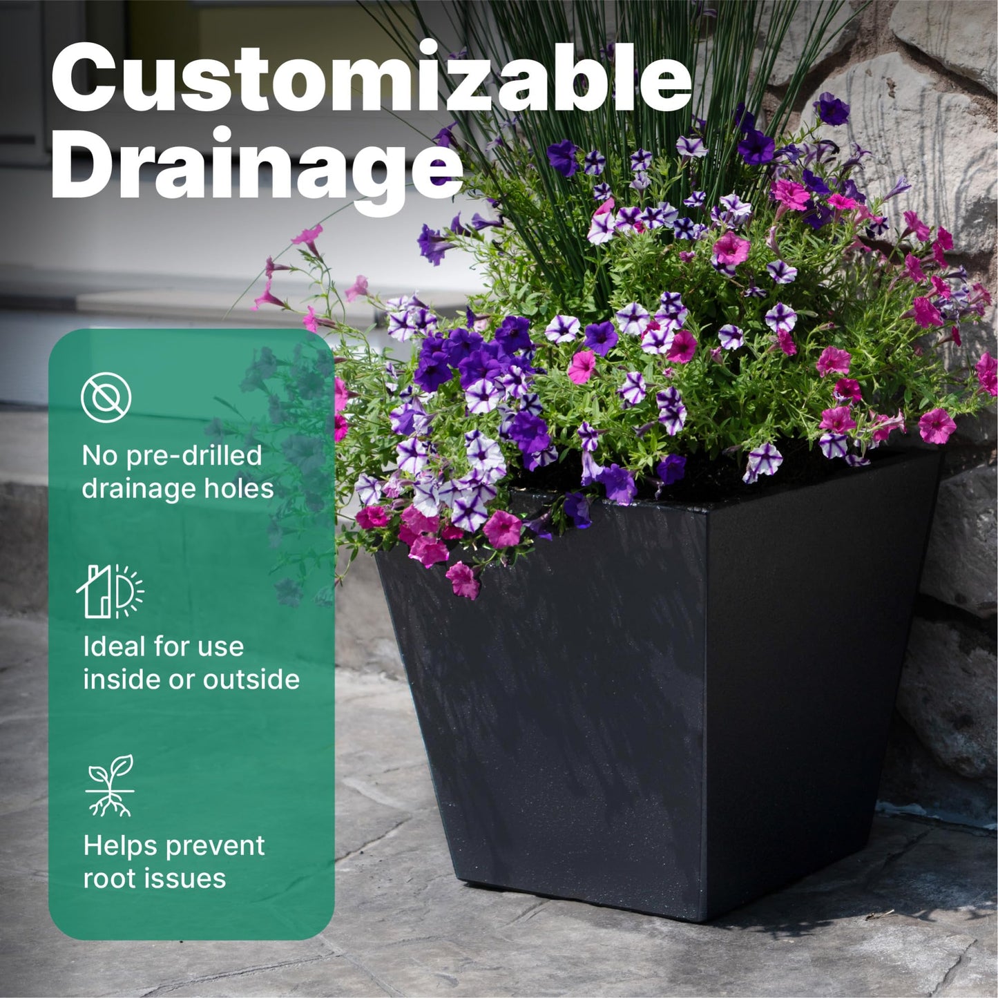 Step2 Tremont Short Square Planter 2 Pack, 14" Tall, Indoor/Outdoor Plants, Efficient Drainage, Durable Resin, Onyx Black