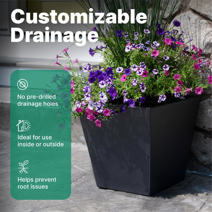 Step2 Tremont Short Square Planter 2 Pack, 14" Tall, Indoor/Outdoor Plants, Efficient Drainage, Durable Resin, Onyx Black