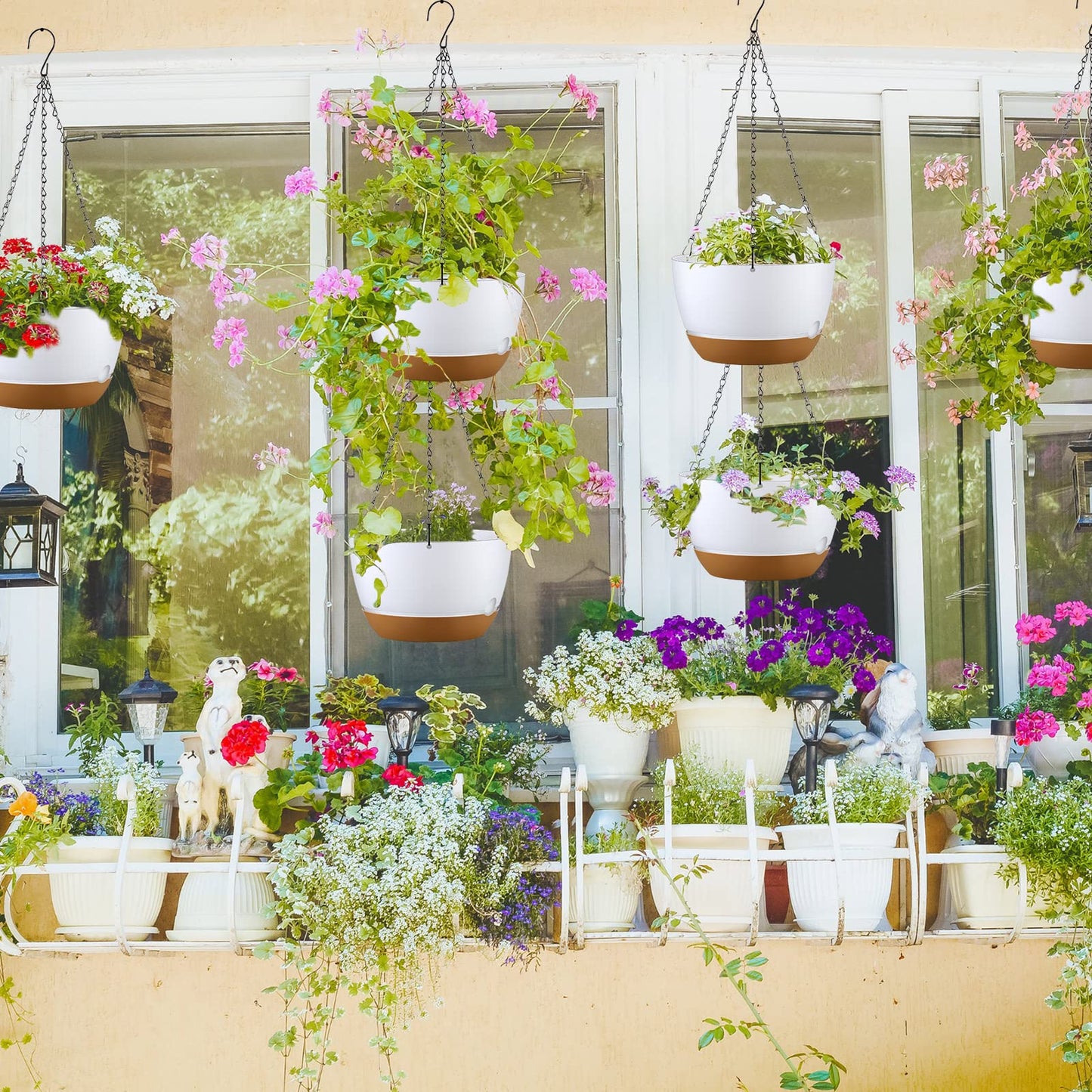 Remerry 6 Pcs 10 Inch Hanging Planter Hanging Plant Pot Plastic Round Hang Baskets for Plants Indoor Flower Pot with Drainage Holes Removable Trays for Garden Home Patio(White)