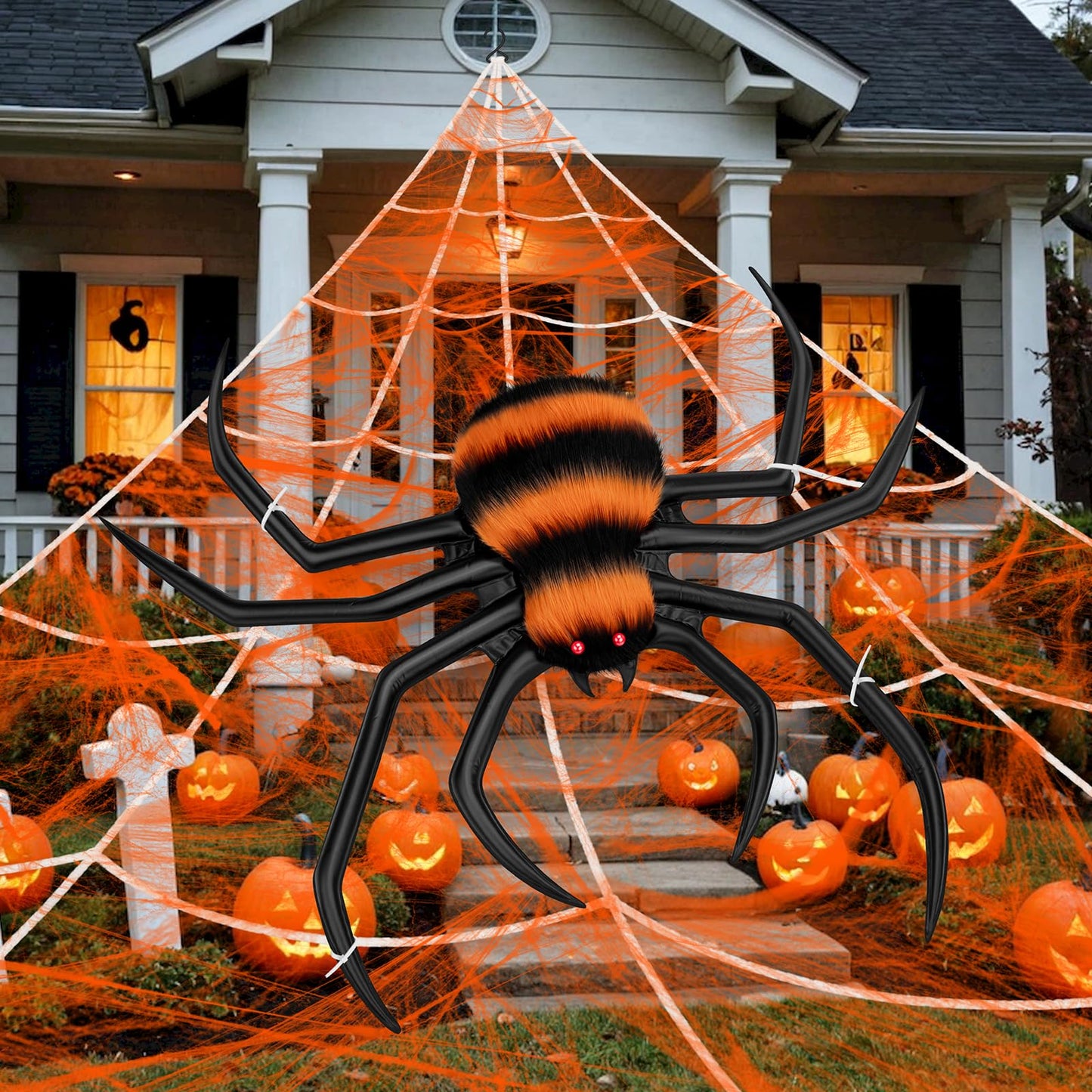 Halloween Decorations Spider Web, 40'' Inflatables Giant Spider + 200'' Triangular Giant Spider Web + 20G Spider Web, Scary Hairy Fake Halloween Spiders Props for Indoor Outdoor Party Halloween Yard.