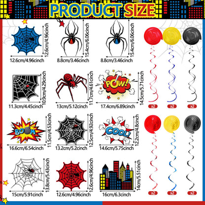 Geyoga 54 Pcs Spider Party Hanging Decor Spider Birthday Hanging Swirl Cityscape Decoration Swirls Hero Decor for Hero Birthday Party Supplies Decoration