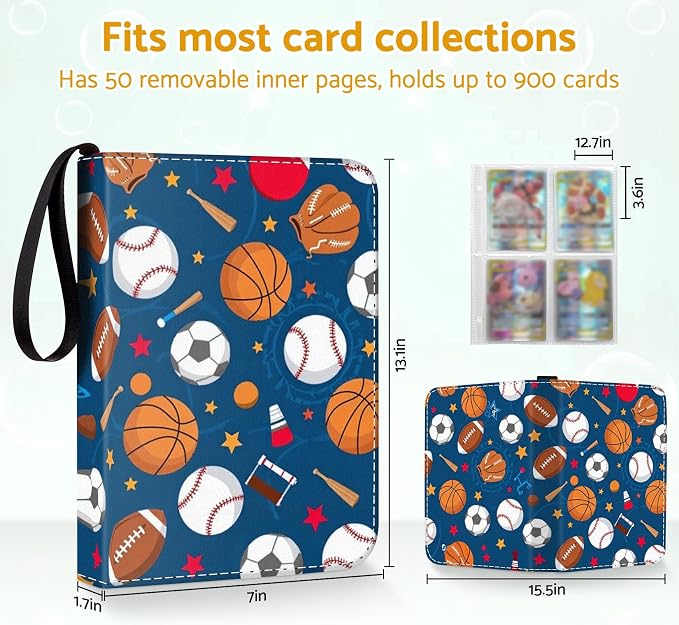 Baseball Football Card Binder Holder 480 Pockets with 60 Removable Sleeves, Portable Basketball Sports Trading Cards Binder Album Collector Organizer Protectors with Zipper,Waterproof