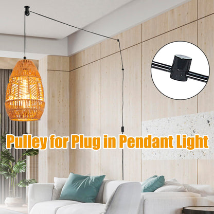 Pulley Wheel for Plug in Pendant Light, Wall Ceiling Mount Pulley for Hanging Lamp, 1 Pack Pulley Wheel and 4 Pack Swag Hooks for Hanging Electric Wire Cable Cord Chandelier Plant Grow Lights (Black)