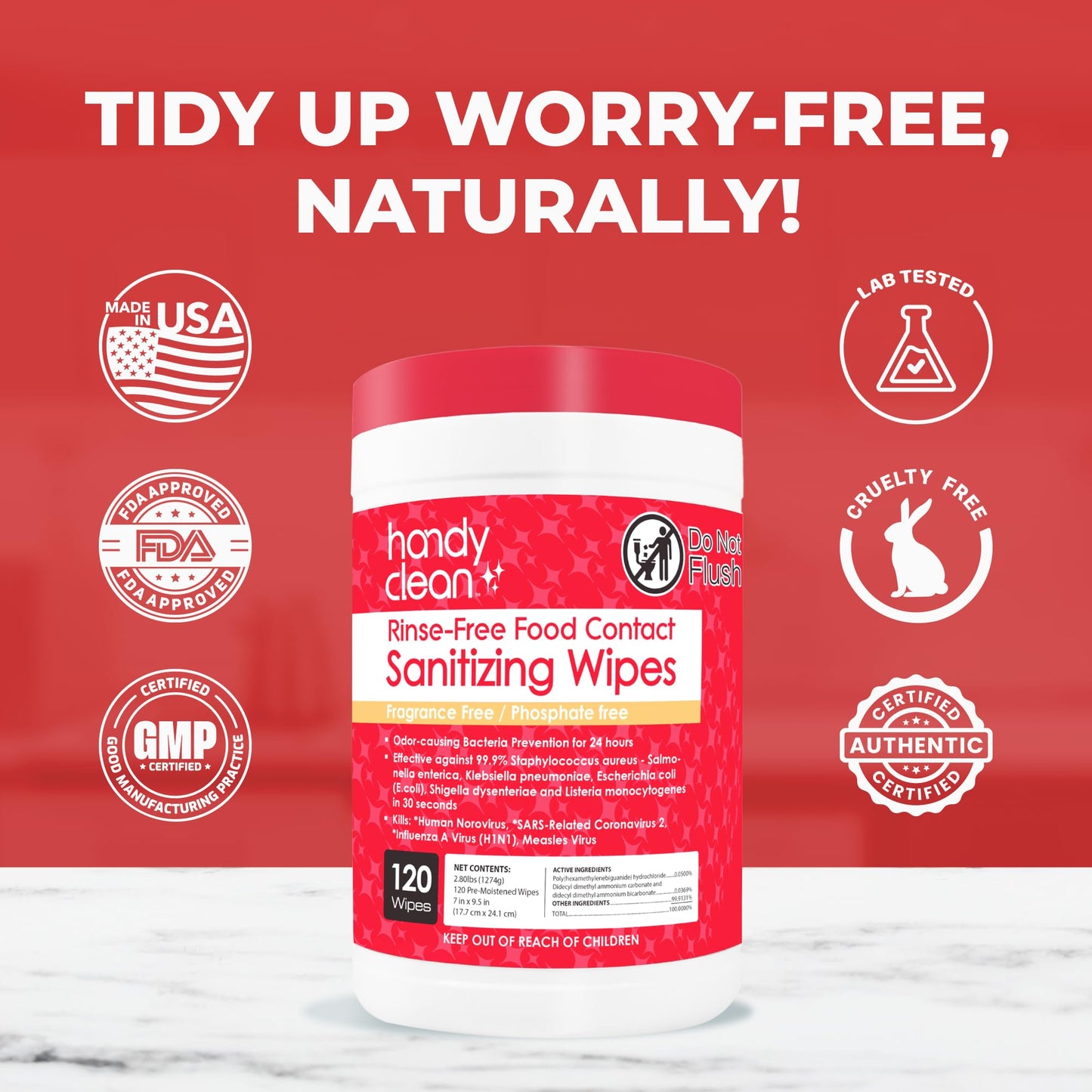 HandyClean Rinse-Free Food Contact Sanitizing Wipes Canister, Multi Surface Cleaning Supplies for Kitchen and Professional Setting One Canister (120 Wipes)