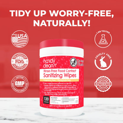 HandyClean Rinse-Free Food Contact Sanitizing Wipes Canister, Multi Surface Cleaning Supplies for Kitchen and Professional Setting One Canister (120 Wipes)