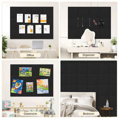 AKONEGE Felt Bulletin Board Tiles 12 Pack, 48" x 36" Cork Board Alternative, DIY Pin Board Wall Tiles for Photo Wall, Vision Board, Dorm Room & Home Office Decor, Stick-On with Adhesive Tabs, Black
