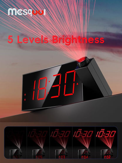 Mesqool Projection Alarm Clock with Bed Shaker, 7" LED Display, 180° Projector, 5-Level Dimmer, USB Phone Charger, Battery Backup, Loud Vibrating Alarm Clock for Heavy Sleepers, Snooze, DST