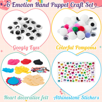 WATINC 6Pcs Hand Puppet Making Kit, Art Craft Felt Sock Puppet Toys, Creative DIY Make Your Own Pompoms Wiggle Googly Eyes Storytelling Role Play Party Supplies Calming Corner Items Kids (Emotion)