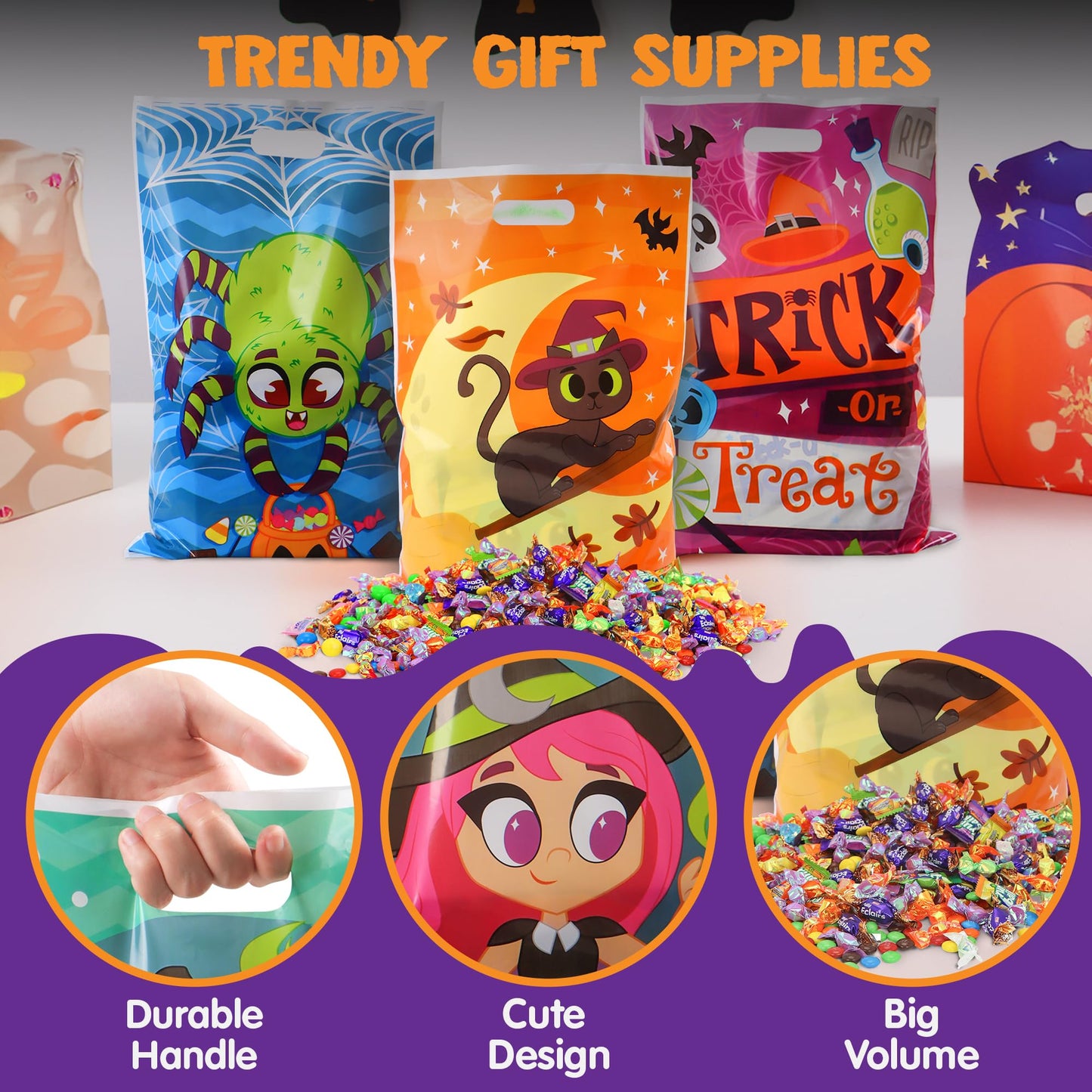 JOYIN 72 Pcs Halloween Goodie Bags, Plastic Candy Bags in 6 Designs for Kids Snacks Party Favors, Trick or Treating Bag for Halloween Party Supplies, Snacks Stuffers Prizes