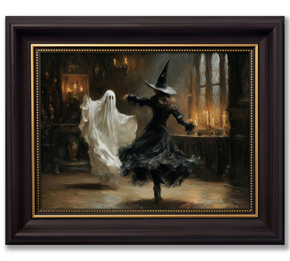 Vbaourut Framed Halloween Wall Art, Dancing Witch and Ghost Canvas Painting, Vintage Gothic Poster with Dark Brown Frame and Upgraded Hook and Loop for Bedroom, 9x11 in