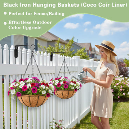 EIMQUVW Outdoor Metal Hanging Planters Basket (4pack, 8 inch) Hanging Baskets for Plants Chain Round Wire Plant Holder with Coco Fiber Liners for Garden, Patio, Deck, Porch