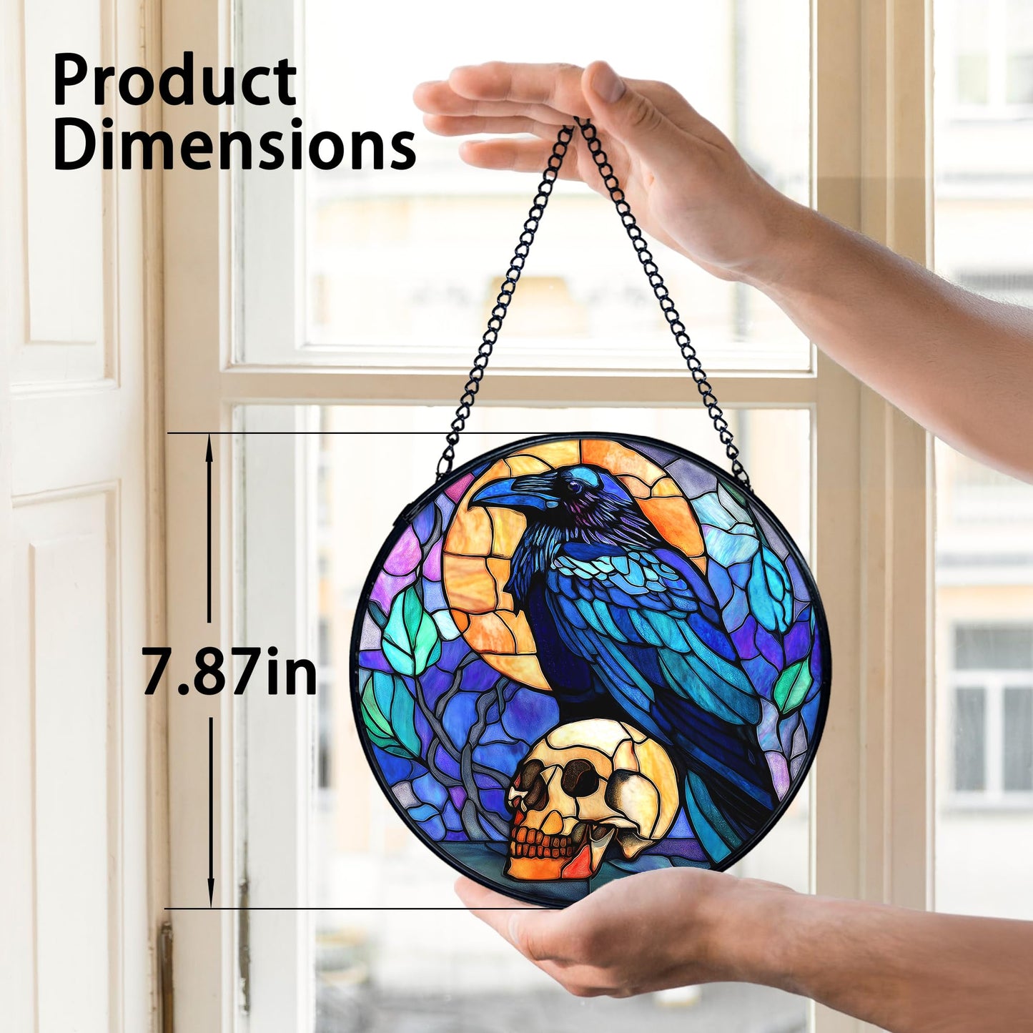 TNUW Black Raven Halloween Stained Glass Window Hanging, Gothic Skull Black Crow Sun Catchers Indoor Window Glass Round Wall Art Decor, Halloween Wall Hanging Decorations, 7.9＂x7.9＂
