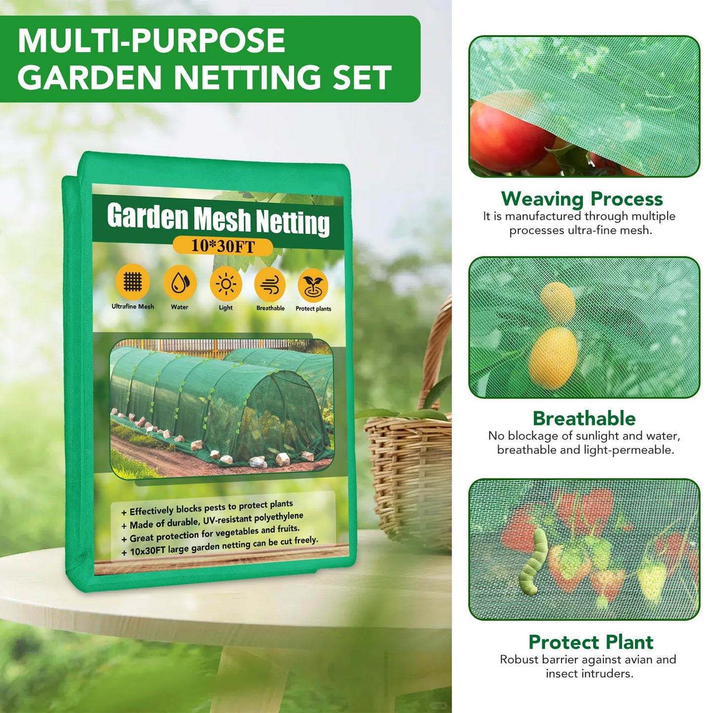 Garden Mesh Netting Kit for Raised Beds, 10x30FT Green Garden Netting ＆6 Sets Fiberglass Garden Hoops, Row Cover Garden Netting Pest Barrier Plant Protection for Vegetable Flowers Fruits