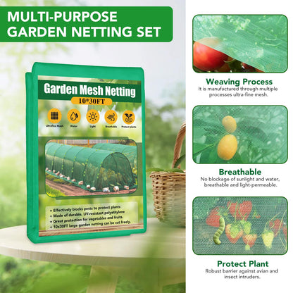 Garden Mesh Netting Kit for Raised Beds, 10x30FT Green Garden Netting ＆6 Sets Fiberglass Garden Hoops, Row Cover Garden Netting Pest Barrier Plant Protection for Vegetable Flowers Fruits