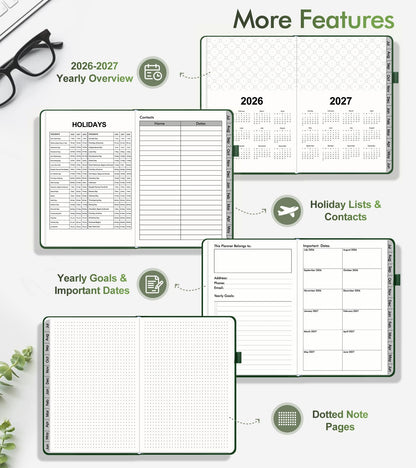 Planner 2026-2027, Academic Weekly and Monthly Calendar Planner from July 2026 - June 2027, Hardcover Leather Daily Agenda Book with Tabs, College School Organizer for Student Teacher, A5 (5.75" x 8.38"), Green