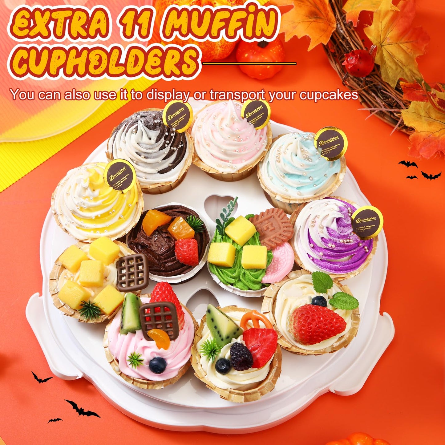 Zhehao 10 Inch Fall Cake Carrier Holds, Pumpkin Cake Stand with Lid and Handle, Halloween Autumn Harvest Plastic Transport Storage Container, Suitable for Transporting Pies, Cupcakes and More(White)