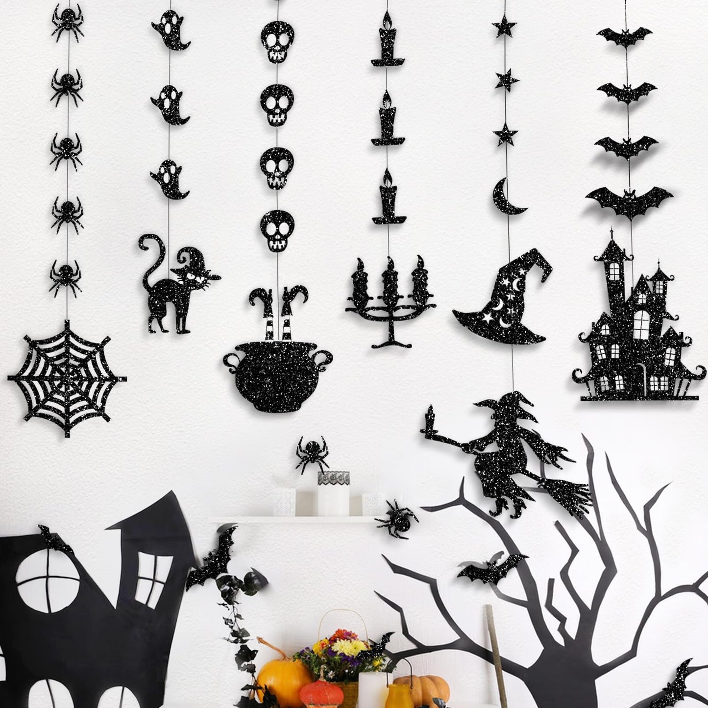 Glitter Black Halloween Hanging Banner Garland Decorations - Ghosts, Witches, Bats, Spiders, Haunted House, Cat and More - Indoor/Outdoor Party Supplies for Gothic Birthday, Home, Office, Classroom