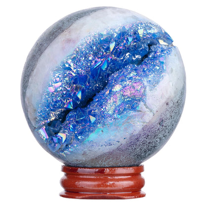 Sportmusies Titanium Coated Rock Crystal Geode Ball with Wooden Stand, Druzy Quartz Stone Cluster Sphere Reiki Home Office Decoration, Blue