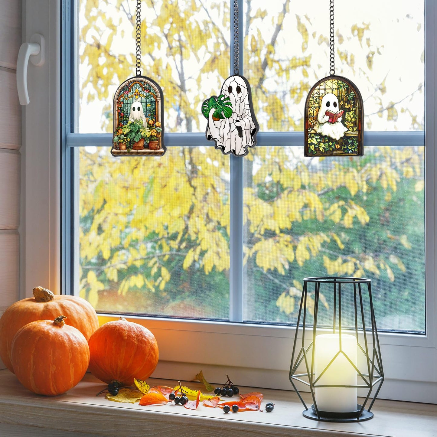 Bucherry 3 Pcs Halloween Ghost Suncatcher Halloween Stained Glass Plant Reading Book Glass Suncatcher Window Hangings Ornaments Cute Ghost Plant Hanging Decor for Home Office Kitchen Living Room Wall