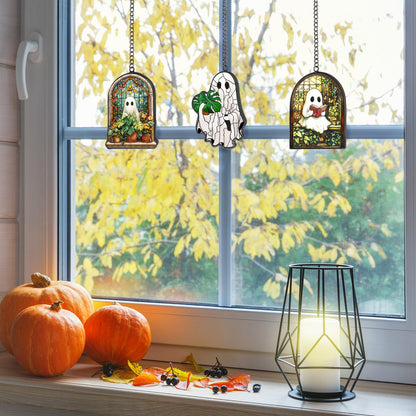 Bucherry 3 Pcs Halloween Ghost Suncatcher Halloween Stained Glass Plant Reading Book Glass Suncatcher Window Hangings Ornaments Cute Ghost Plant Hanging Decor for Home Office Kitchen Living Room Wall