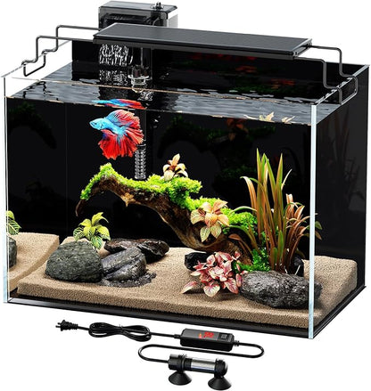 5 Gallon Fish Tank Aquarium Kit with Heater, HOB Filter, LED Light with Timer, Lid, Siphon Vacuum Cleaner, Self Cleaning Glass Rimless Betta Tank