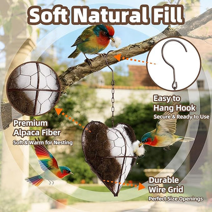 Handmade Alpaca Fiber Bird Nesting Heart - Refillable Bird Nesting Material Holder with Alpaca Wool for Bird Nesting - Outdoor Garden Dispenser & Nesting Material for Wild Birds (1 Set)