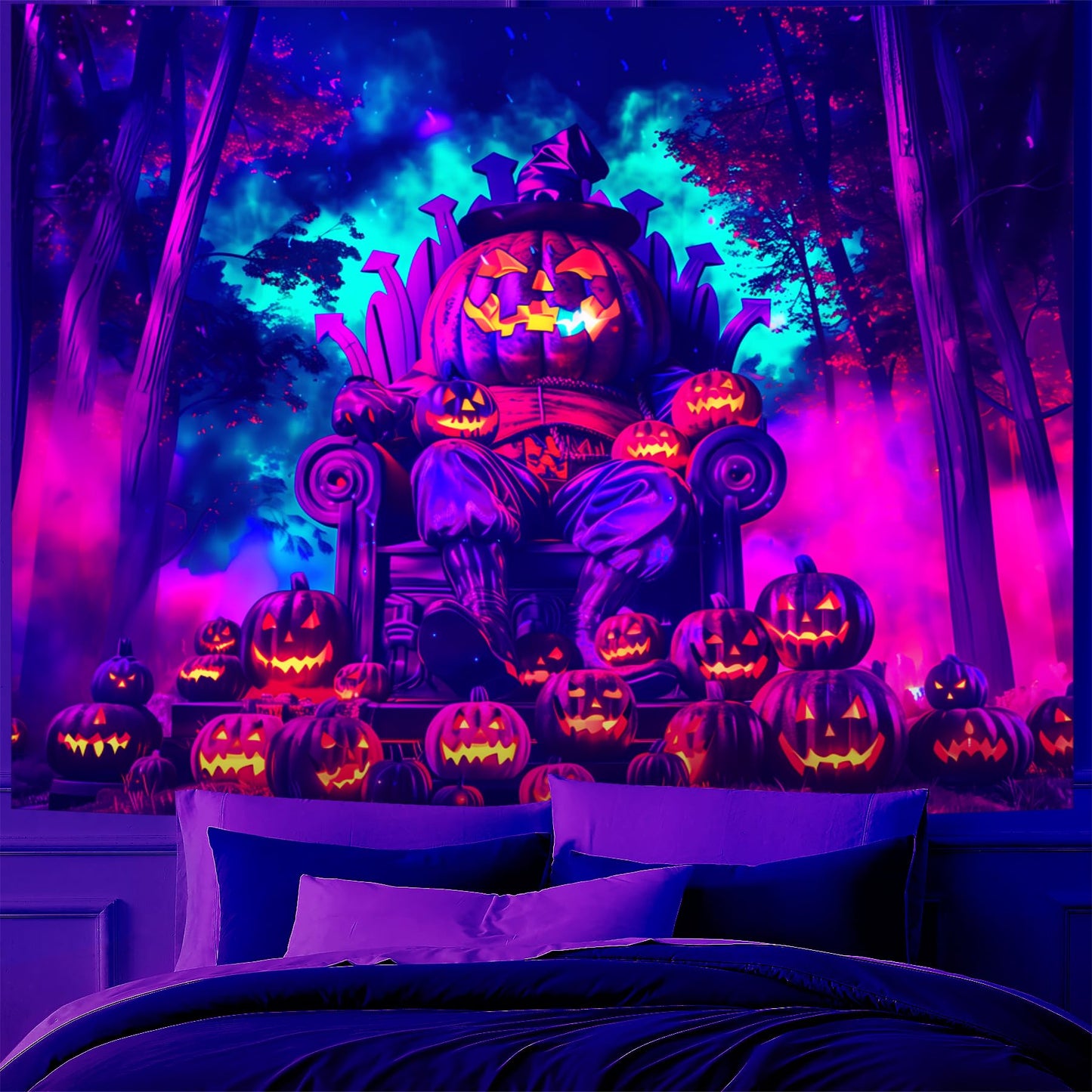 Blacklight Halloween Tapestry Horror Moon Night Scary Cemetery Pumpkin Lantern Halloween Tapestry Wall Hanging Skull Horror Poster Banners for Bedroom Livingroom (Pumpkin-2, 90L" x 70W", Unframed)