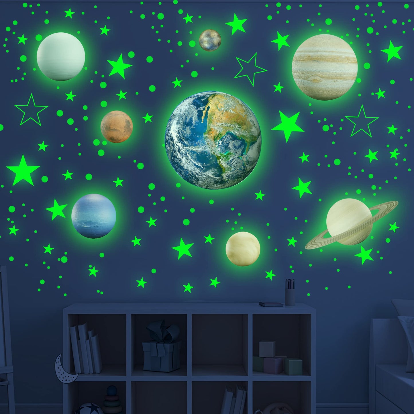 Glow in The Dark Stars Solar System Wall Decals, The Earth Wall Stickers for Bedroom, Baby Nursery Planets Sticker Decoration for Ceiling (Green)