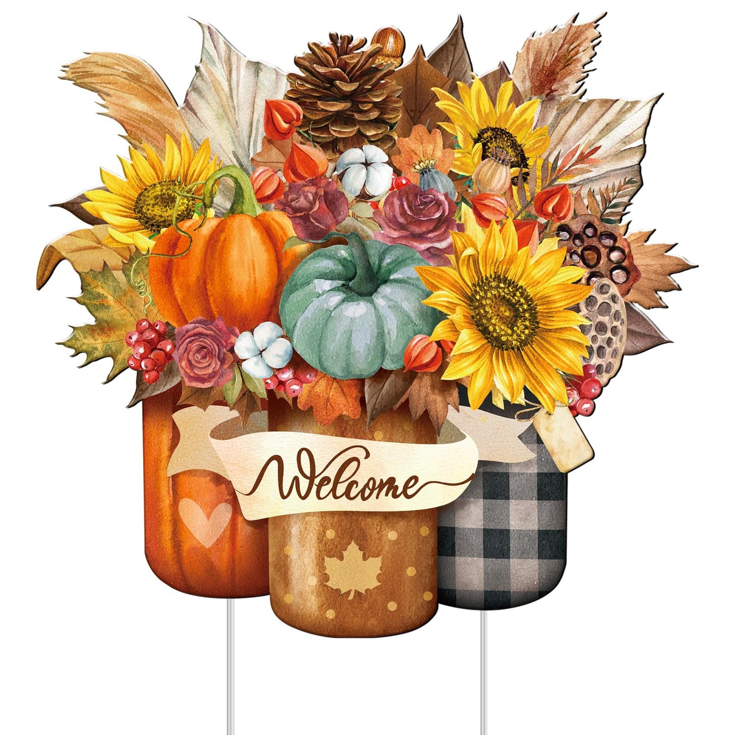 Memorywuu Metal Thanksgiving Decoration Fall Pumpkin Mason Jar Yard Sign Stake 14.2 Inch Autumn Welcome Sunflower Outdoor Yard Decor for Autumn Harvest Outside Lawn Decorations Garden Patio Walkway