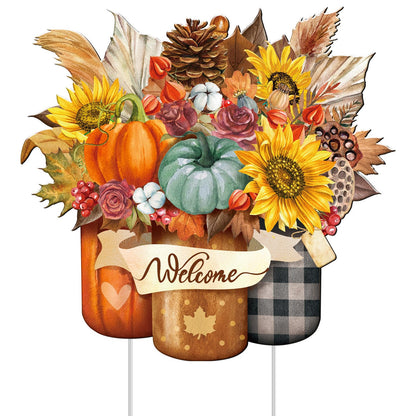 Memorywuu Metal Thanksgiving Decoration Fall Pumpkin Mason Jar Yard Sign Stake 14.2 Inch Autumn Welcome Sunflower Outdoor Yard Decor for Autumn Harvest Outside Lawn Decorations Garden Patio Walkway