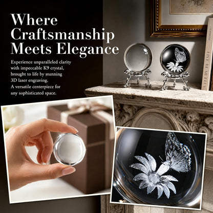 vskikris 3D Laser Engraved Crystal Ball Set, 60mm K9 Clear Crystal Sphere with Butterfly & Flower Design + Blank Ball, with Gold Stand, for Home Decor, Feng Shui, Unique Gift for Women
