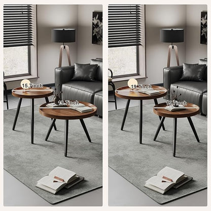 2 PCS Small Round Coffee Table Set, Mid Century Modern Coffee Tables for Living Room, Walnut Nesting Tables for Small Spaces, Easy Assembly Circle Wood Center Table,Black Nesting Coffee Table Set of 2