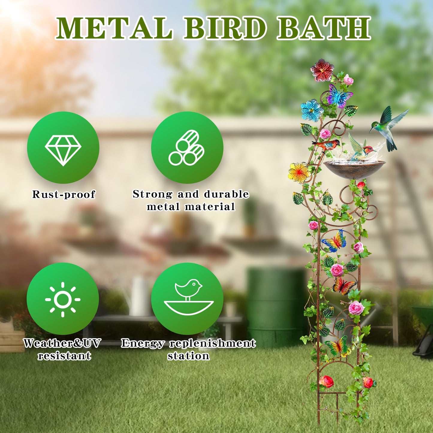 YADOOLIFE 57” Bird Bath with Garden Trellis for Climbing Plants Outdoor, Small Decorative Trellises Metal Birdbath Bird Baths, 1 Piece (Butterfly)
