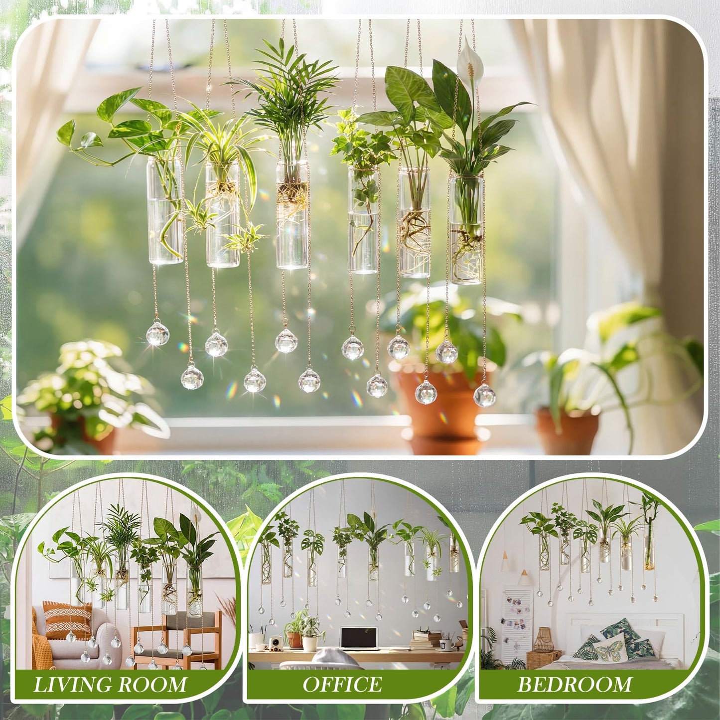 Hushee 6 Pcs Hanging Propagation Stations with Crystal Suncatcher Glass Hanging Wall Planters Indoor Plants Hydroponic Tubes for Plants Flowers Windows Home Decoration
