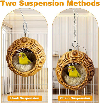 Rattan Birds Nest for Cage Hanging Parakeet House Chewproof Parrot Breeding Bed Small Budgies Hideout Swing Hut Bird Cage Accessories for Lovebirds Cockatiel Conure Finch Canary (Brown)