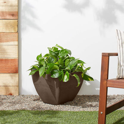 PSW Pot Collection 16x13 inch Plastic/Stone/Wood Composite Square Planter – No Drainage Hole (Drillable), Modern Indoor/Outer Pot for Flowers, Foliage, Succulents, Fairy Gardens, Chocolate