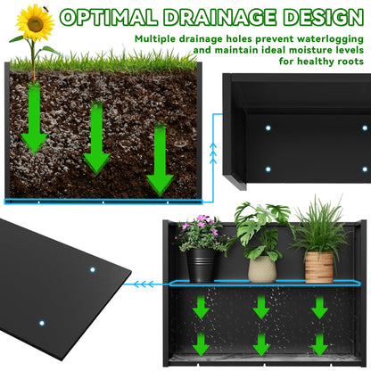POOAMY Metal Planter, 36L x 12W x 26H, Heavy Duty Tall Planters for Outdoor Plants, Black Planters with Removable Insert Shelf, Large Planters with Drainage Holes for Porch, Patio and Yard, Black