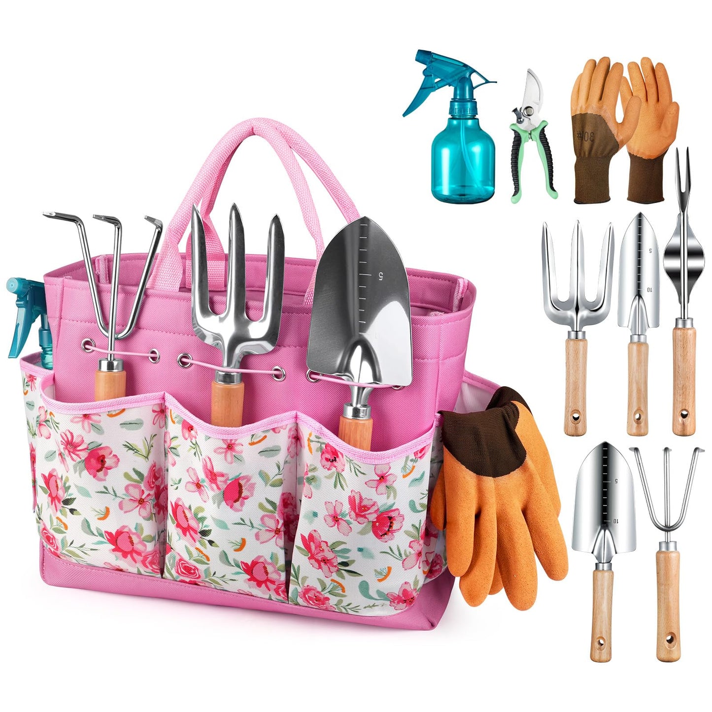 Grenebo Gardening Tools 9-Piece Heavy Duty Garden Hand Tools with Fashion and Durable Garden Tools Organizer Handbag, Rust-Proof Garden Tool Set, Ideal Gardening Gifts for Women (Pink)