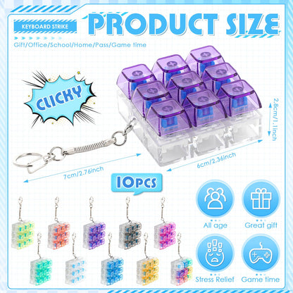 Halloscume 10 Pcs Keyboard Adult Fidget Clicker 9-in-1keyboard Fidget Keychain Cube Mechanical Key Button Clicker Stress Relief Gift for Office Home to Pass The Time (Transparent Color)