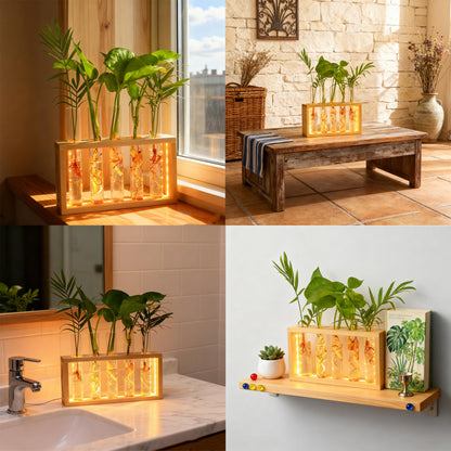 Plant Propagation Station with LED Lights, Plants Terrarium with Wooden Stand, 5 Glass Test Tube Vases for Propagating Hydroponic Plants Cutting Office Home Desk and Garden Decor Gift for Plant Lovers
